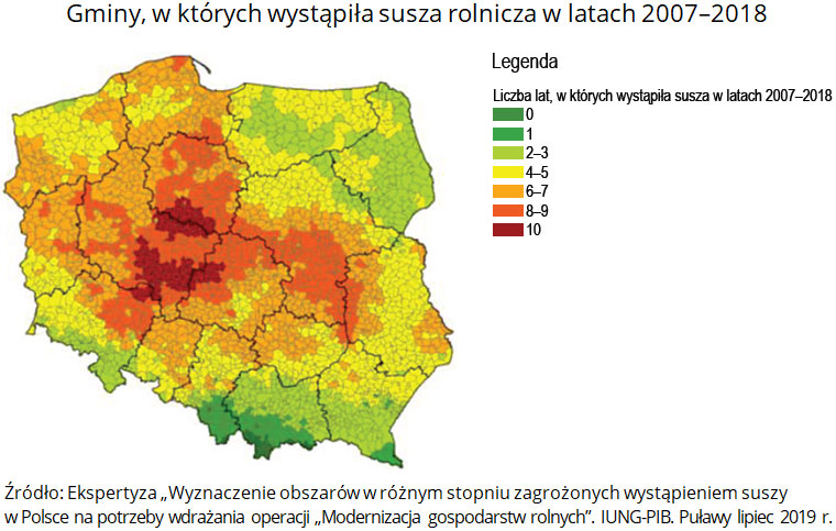 Mapa poglądowa w których gminach wystąpiła susza rolnicza w latach 2007-2018